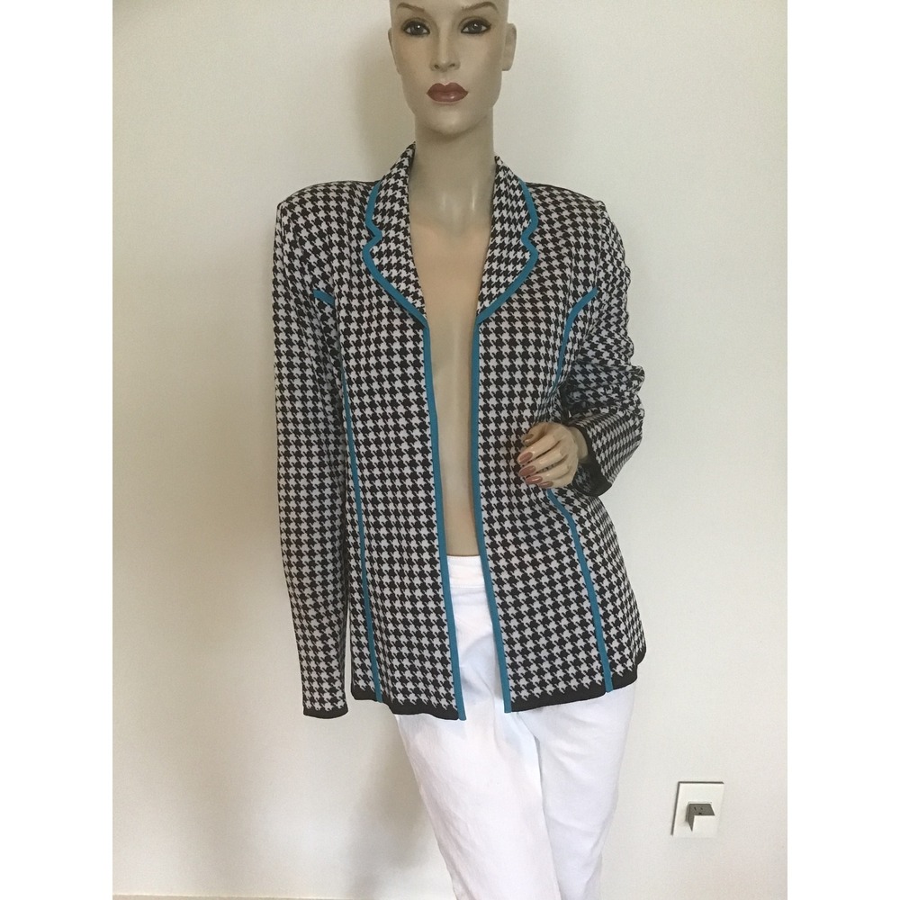 Ming Wang Houndstooth Knit Blazer Turquoise Trim Open Front Cardigan Jacket M